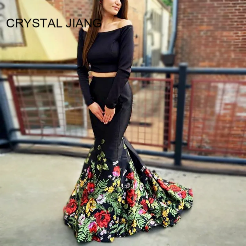

CRYSTAL JIANG 2019 New Fashion Boat Neck Long Sleeves Formal Dress Custom made Two Pieces Mermaid Evening Dresses Long