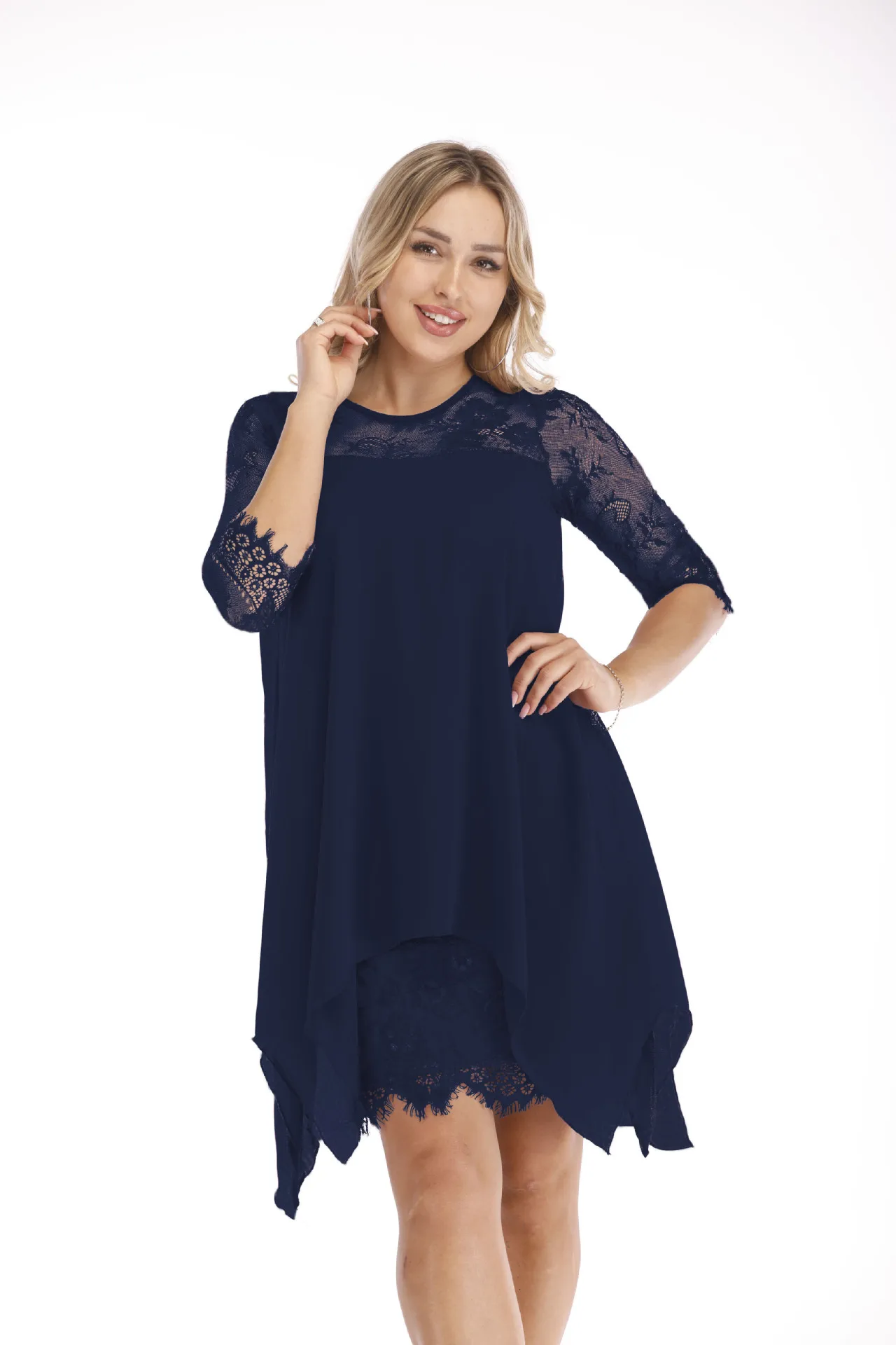 Новинка, модное женское кружевное платье, повседневное, свободное, рукав до локтя, элегантное платье с круглым вырезом, одноцветное, большой размер 3XS-5XL - Цвет: Dark blue