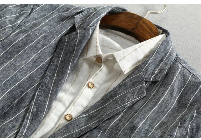 Мужской весенне-летний модный бренд, японский стиль, винтажный полосатый приталенный льняной Тонкий Блейзер, мужской повседневный образец, пиджак, пальто