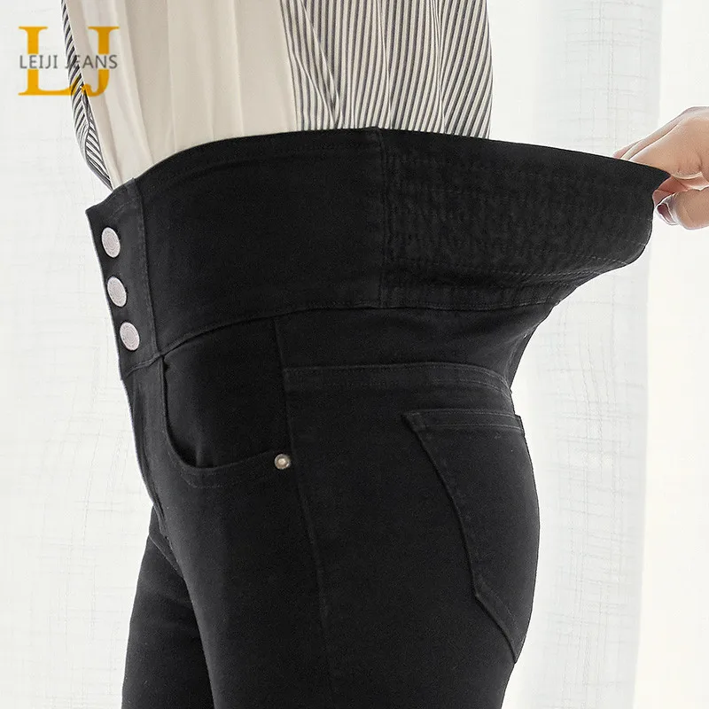 Achat Leijijean 2019 automne taille haute mince dames jean bouton mouche taille élastique legging jean grande taille extensible noir femmes jean