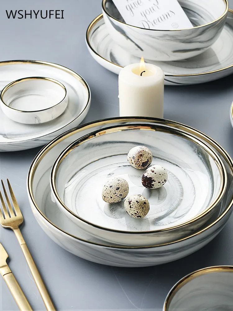 

1PC Europe Pastoral marble Tableware Set Dishes Plates British Royal Advanced Porcelain Meal Cutlery Dinnerware kitchen bowl