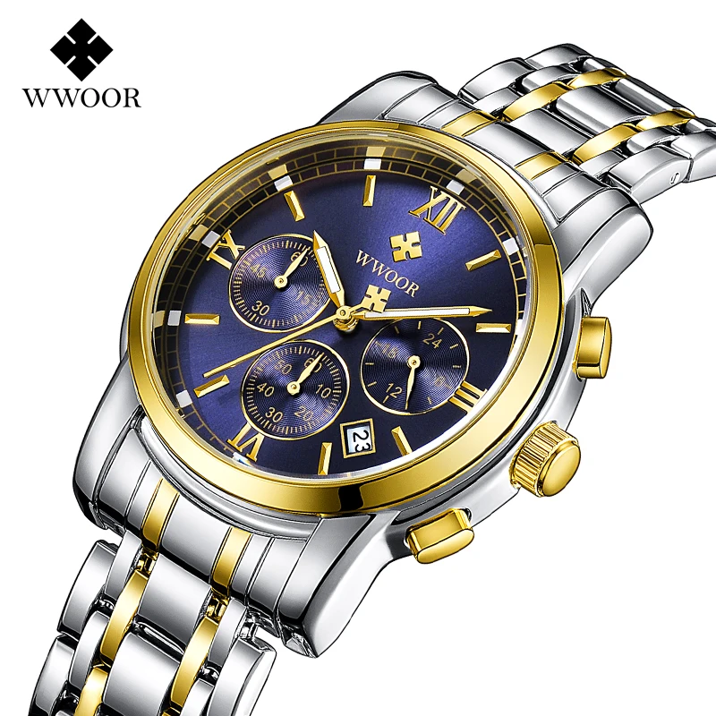 

WWOOR Genuine Brand Luxury Watch 8864-Gold Blue Men Stainless Steel Multifunction Waterproof Busines Watches relogio masculino