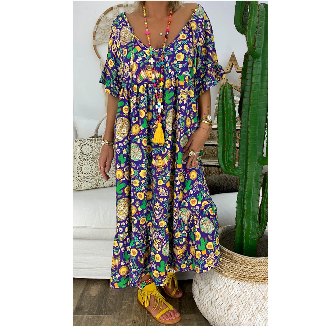 

2019 Summer Ladies Short Sleeve V-Neck Party Dresses Vestidos Women Long Maxi Dress Vintage Floral Print Loose Boho Beach Dress