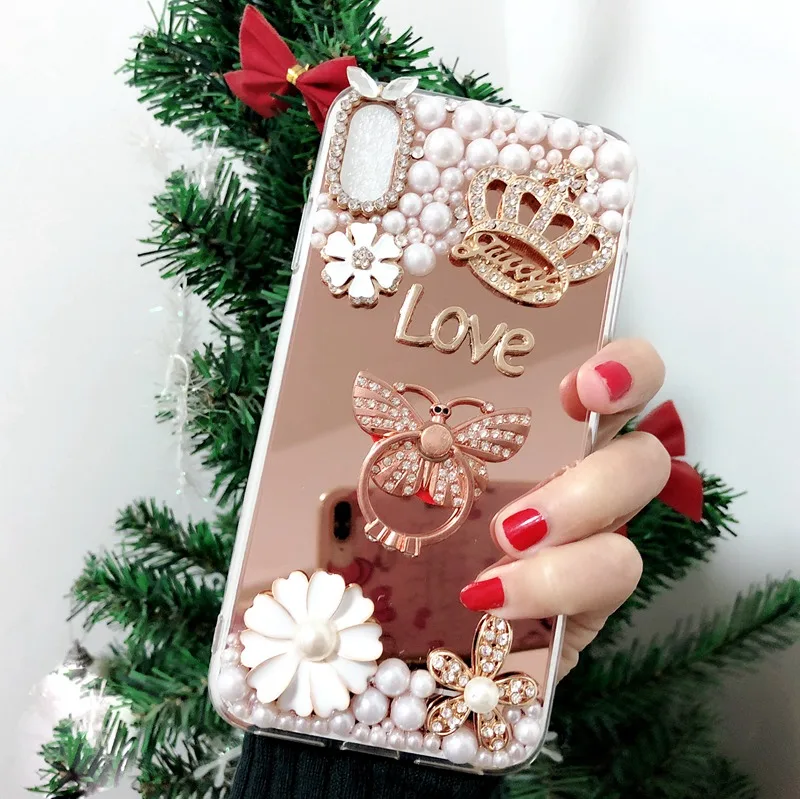 Роскошный зеркальный чехол для iPhone X XR XS Max 7 8 6 6S Plus 7Plus 8Plus с жемчужной короной и