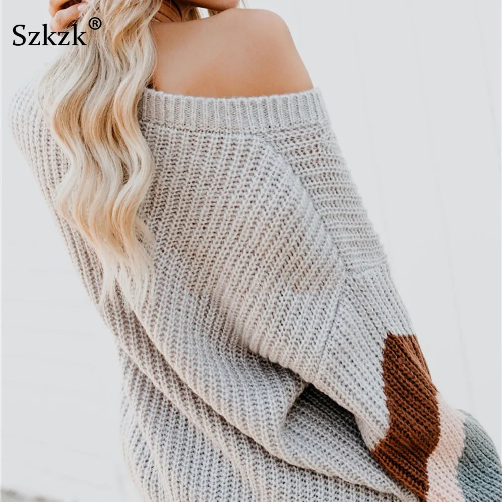 Szkzk цвет блок трикотаж осень джемпер свободный свитер женщина зима пуловер фонарь длинный рукав вязаный Топ V шеи свитера