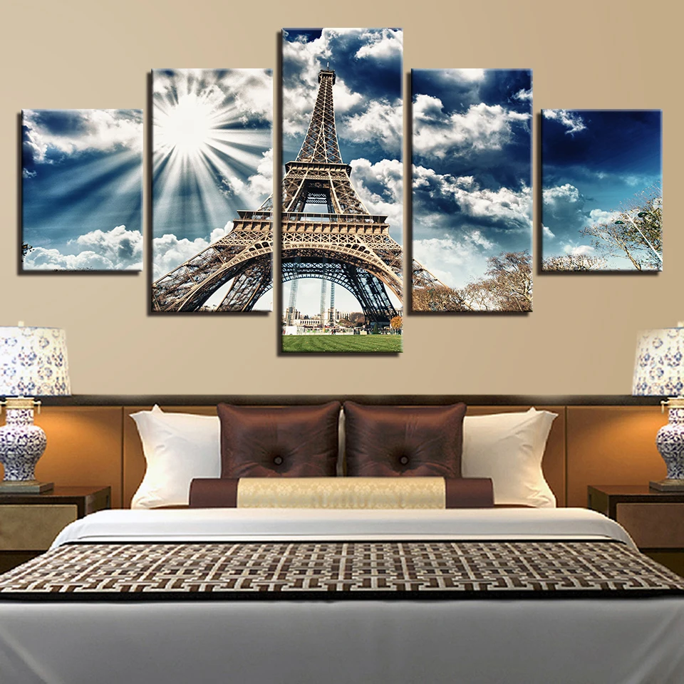 

Tableau Wall Art Pictures Canvas Printed Paintings Modular 5 Panel Sunrise Eiffel Tower Landscape Modern HD Posters Home Decor