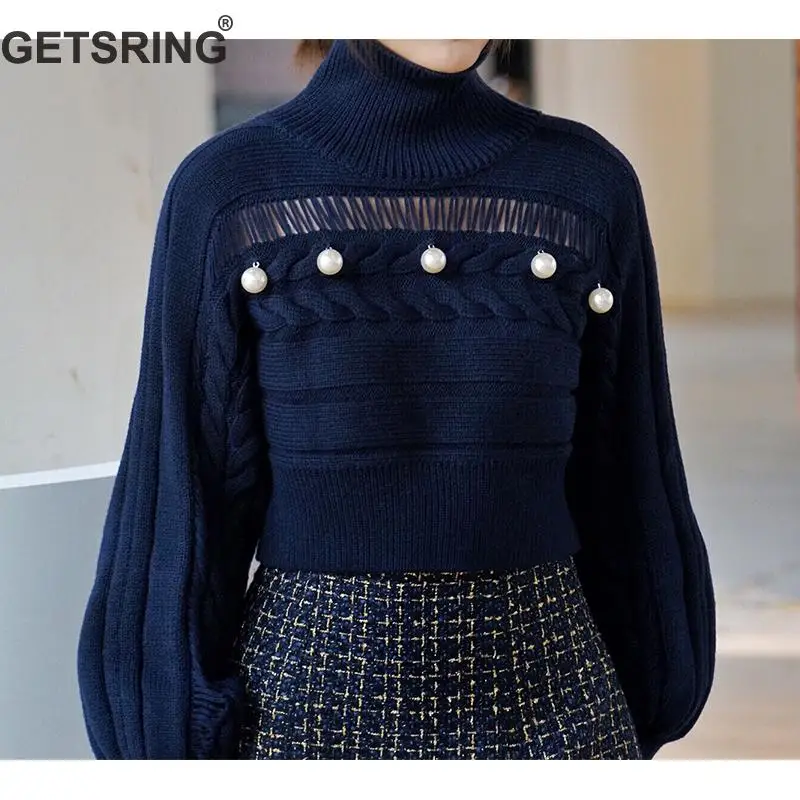 

GETSRING Sweater Woman Turtleneck Solid Hollow Out Pearl Knitted Pullover Long Sleeve Loose All Match Short Womens Sweaters 2018