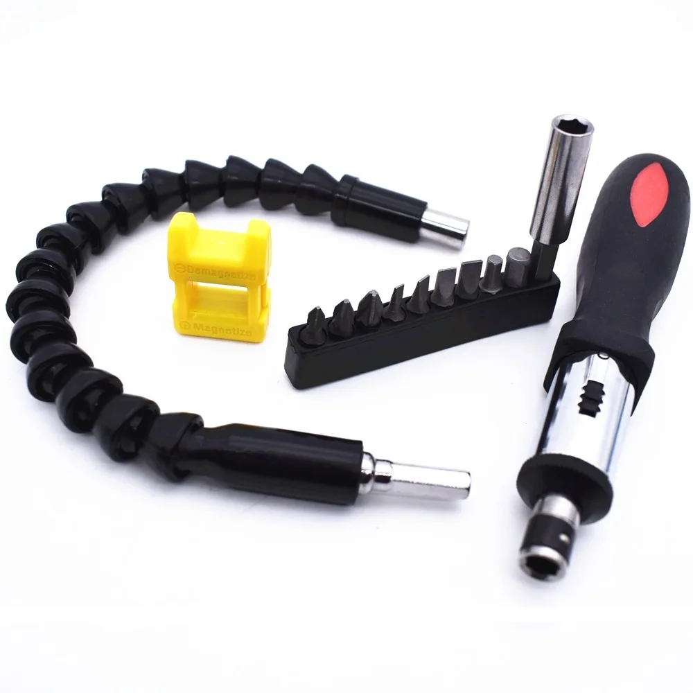 

13pcs Two-way Ratchet Screwdriver Set Hand Tool Kit with Universal Flexible Shaft 9Pcs Screwdriver Bits Connected Rod Magnetizer