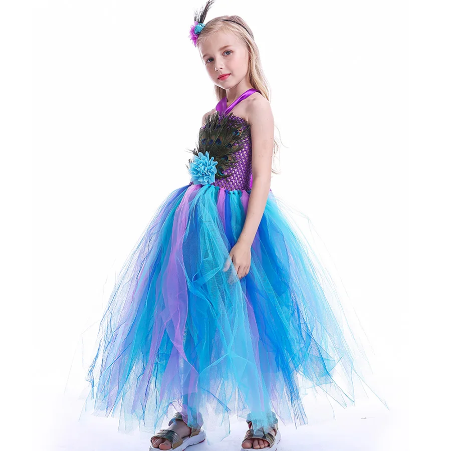 Pretty Peacock Feather Girls Flower Tutu Dress Wedding Birthday Party Halloween Purim Costume Kids Carnival Tutu Outfit (1)