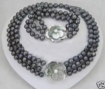 

Free shipping@@@@@ REAL PEARL 3 Row 7-8mm Black Pearl Necklace Bracelet Set 17-19" & 7.5"