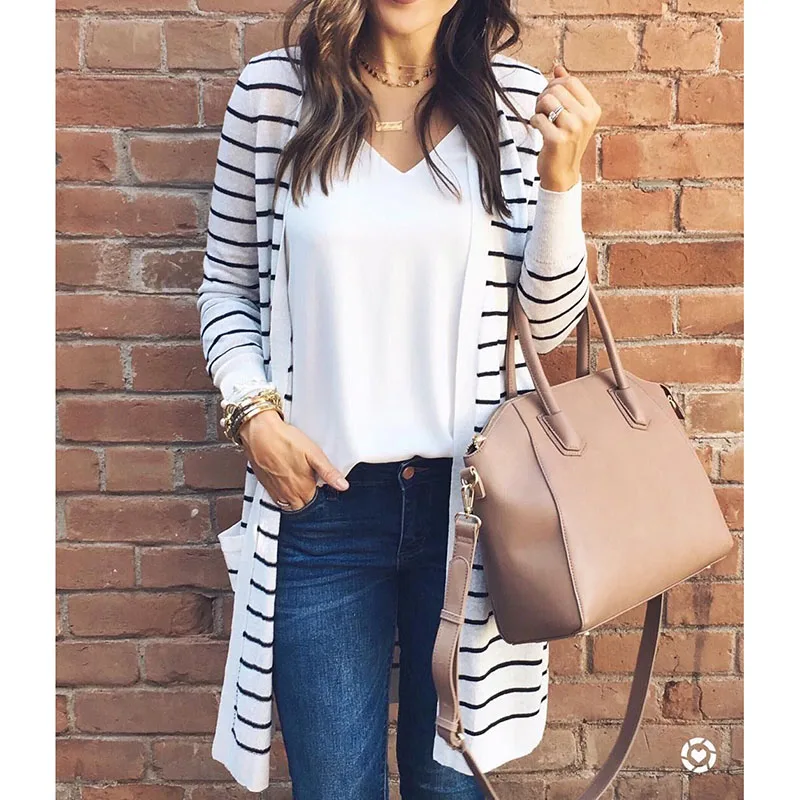 

2018 Hot Women Cardigan Sweater Long Sleeve Stripe Top Casual Outerwear Coat Ladies Costume Office Lady Fashion Autumn New Sale