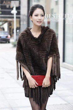 

GTC182 new style womens fashion luxury knitted mink fur hooded ponchos capes real fur shawls stoles coats with tassels hood