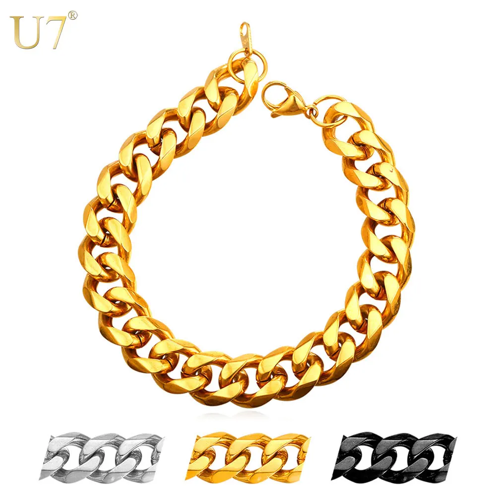 U7CubanChainBraceletforMenWomenGoldPlatedBlackStainlessSteel