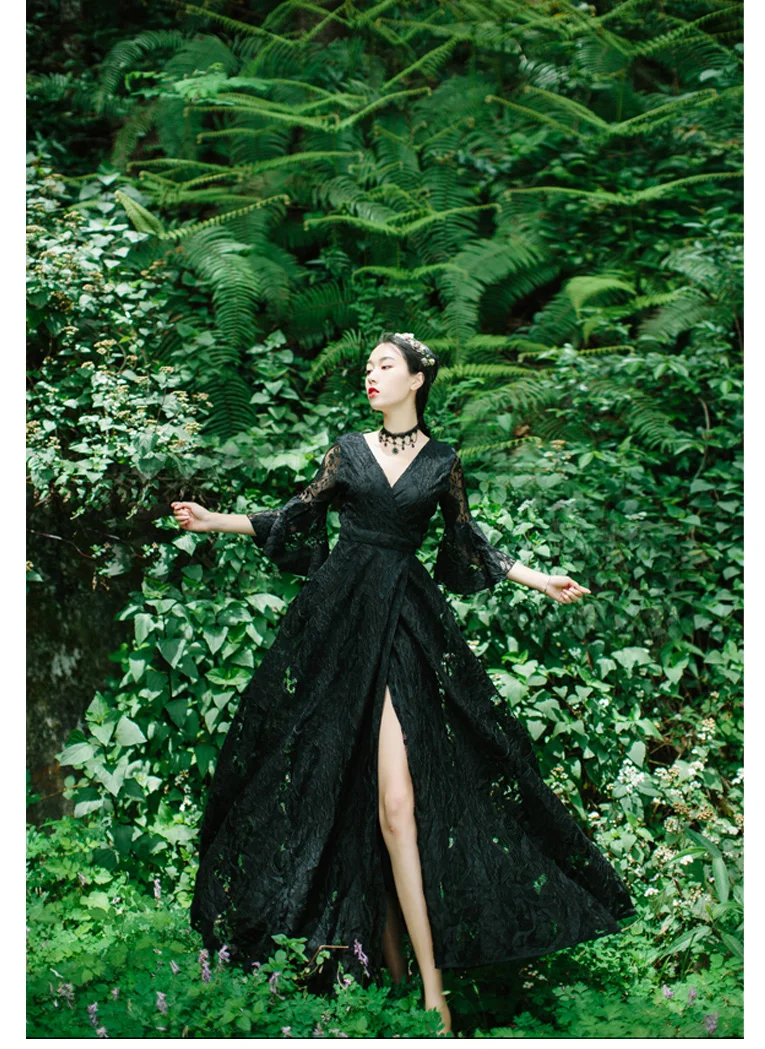 YOSIMI летнее платье Макси винтажное кружевное длинное сказочное женское платье для путешествий вечернее платье с v-образным вырезом до щиколотки черные платья