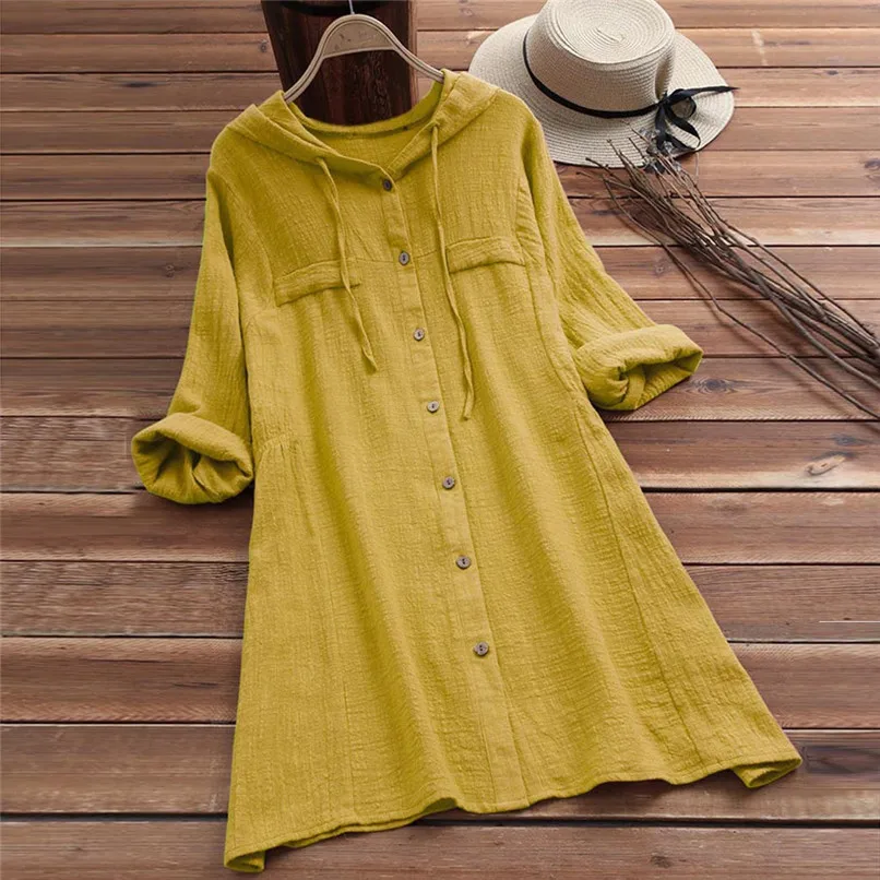 

m-5xl Hooded Plus Size Solid Color Shirt Women Solid Color Hooded Long Sleeve Cotton Linen Loose Long Blouse chemise femme #20