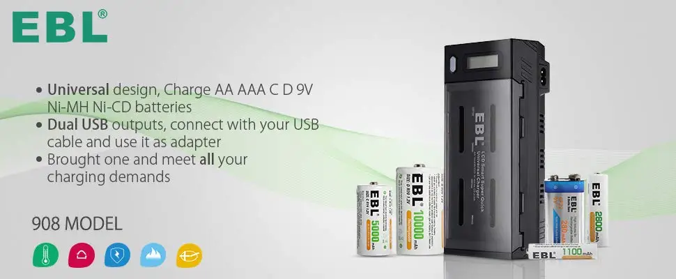 EBL Smart lcd зарядное устройство с 2 usb-портами, функция разряда-для AA/AAA/9 V/C/D Универсальное зарядное устройство