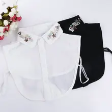 Женская шифоновая рубашка с воротником, украшенная кристаллами, с цветочным рисунком, искусственный воротник, стразы, бисер, Питер Пэн, отвороты, ложный съемный воротник, блузка