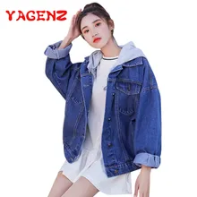 YAGENZ весенне-осенняя джинсовая куртка-бомбер, женские топы, пальто с капюшоном в Корейском стиле Harajuku BF, свободное короткое джинсовое пальто, повседневное тонкое пальто
