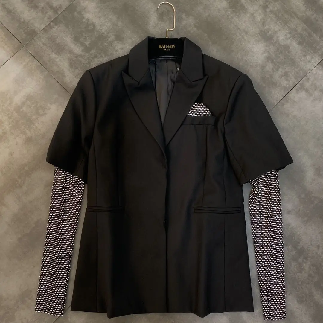 

2019 summer new lapel drill mesh stitching long sleeves shiny suit jacket women