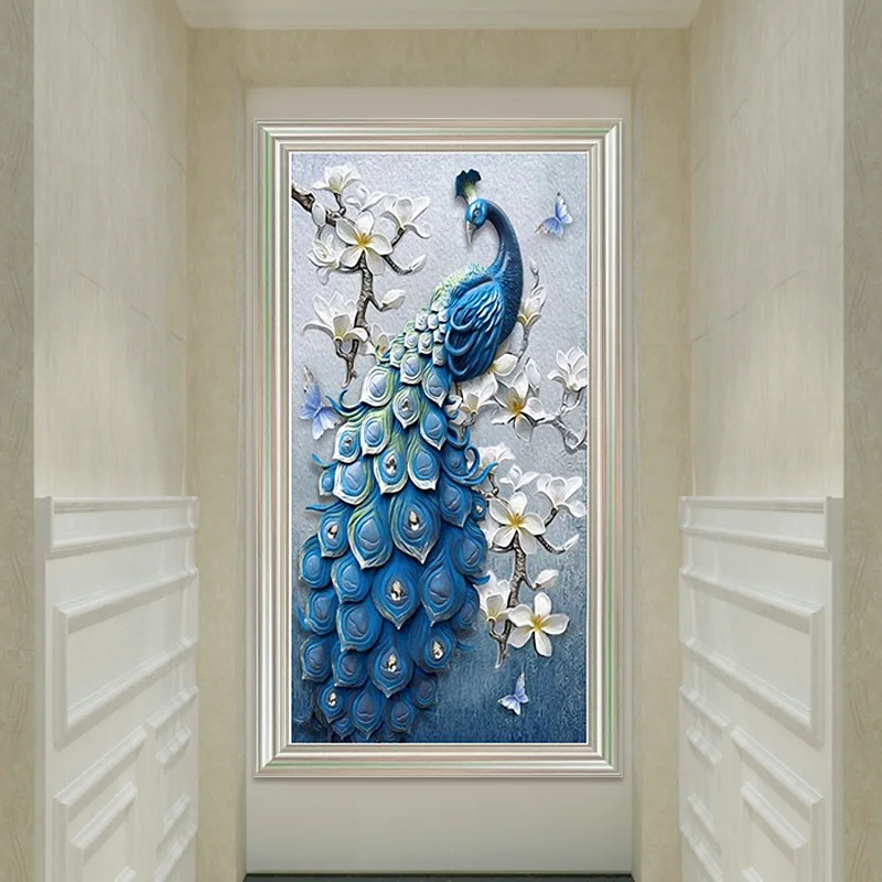 

Embossed Blue Peacock and Flower Diamond Mosaic Pattern DIY Hand Paste Diamond Painting Cross Stitch For Bedroom and Living Room