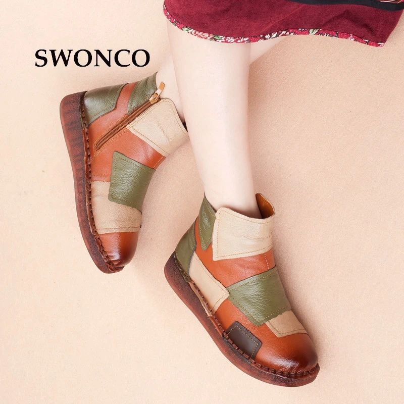 

SWONCO Women's Snow Boots 2018 Winter Genuine Leather Mixed Colors Ladies Boot Ankle Boots For Women Winter Warm Plush Boot