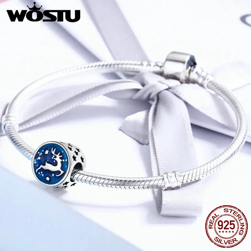 WOSTU Fashion New 925 Sterling Silver Christmas Deer Snowflake Blue Enamel Charm fit Women Charm Bracelet DIY Jewelry DXC458