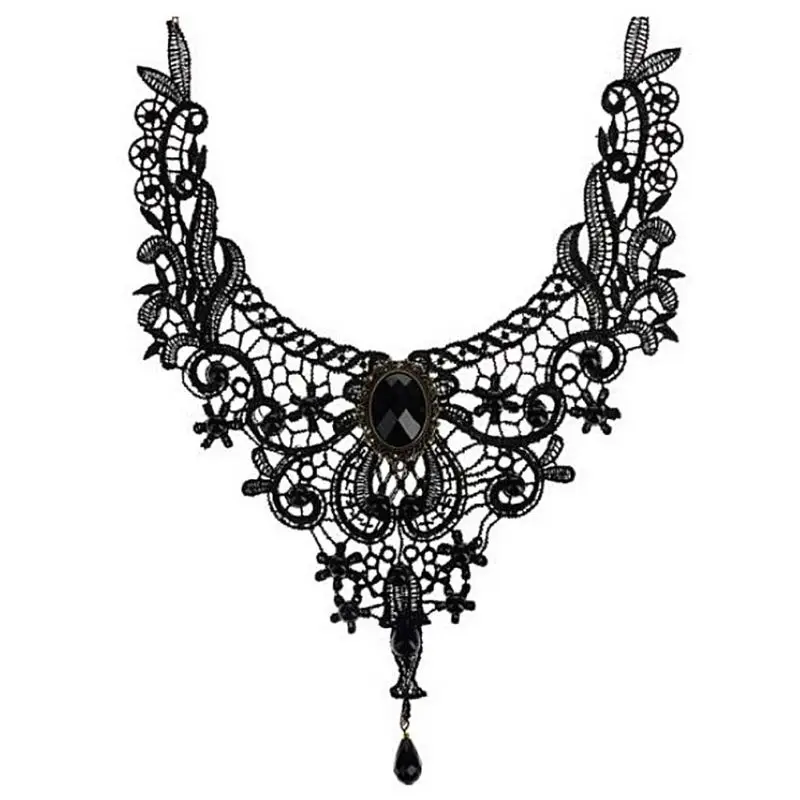 

Womens Vintage Retro Gothic Rhinestone Jewelry Pendant Necklace Hollowed Out Embroidered Lace Collar Choker Solid Color D12_A