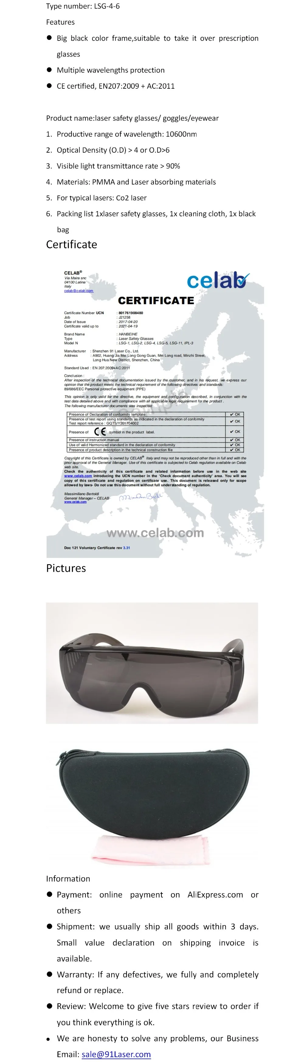 Лазерные защитные очки для 10600nm Co2 лазера, CE O.D 6+ VLT> 65