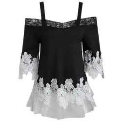 Новый 2018 с плеча цветочной аппликацией Блузка модные женские лоскутное кружева сетки blusas Свободные Camisas рубашка Femininas # WT8930