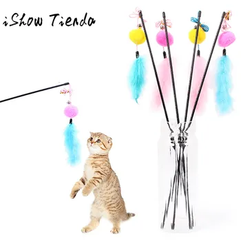 

ISHOWTIENDA Kitten Cat Teaser Interactive Toy Rod with Bell and Feather Turkey Feather Wand Stick For Cat