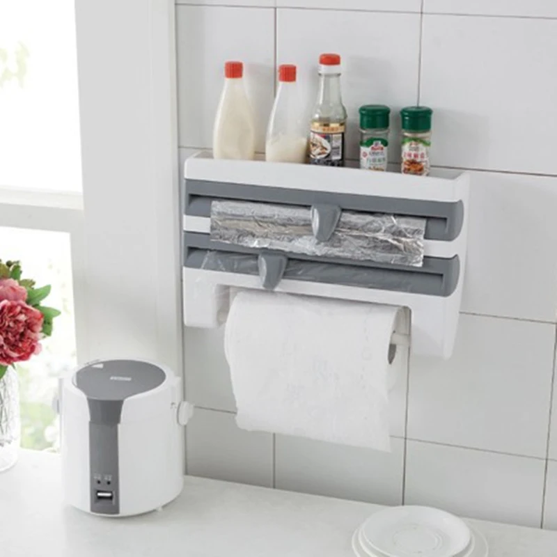 

Mulifunction Kitchen Storage Tool Cling Film Sauce Bottle Storage Rack Wall Roll Paper Towel Hanging Holder Aluminium Foil Hook