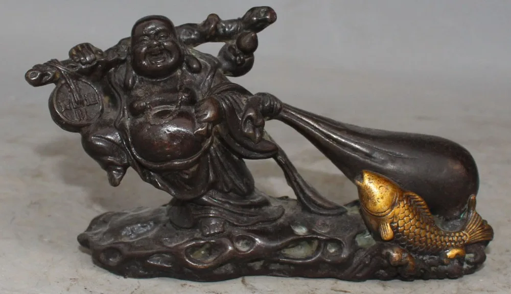 

free 7"Chinese Buddhism Bronze Gilt FengShui Wealth Maitreya Buddha Money Fish Statue fast