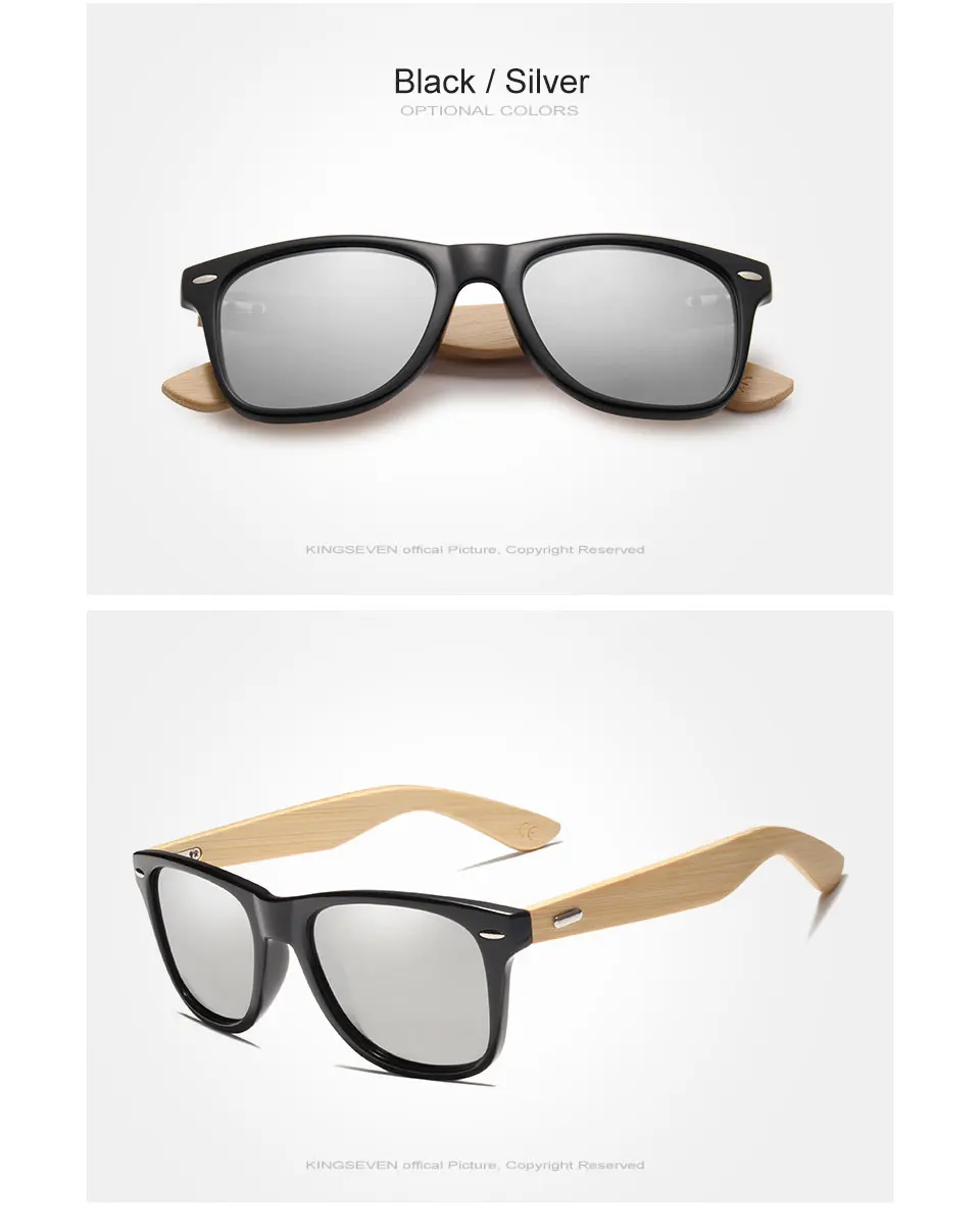 KINGSEVEN Bamboo Polarized Vintage Square Sunglasses Mirror Lenses