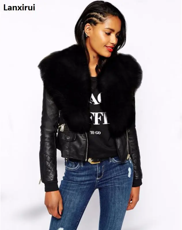 

Woman Luxury Faux Fur Collar Jacket Fashion Long Sleeve Metal Zipper Short Black Leather Jacket Winter Outwear