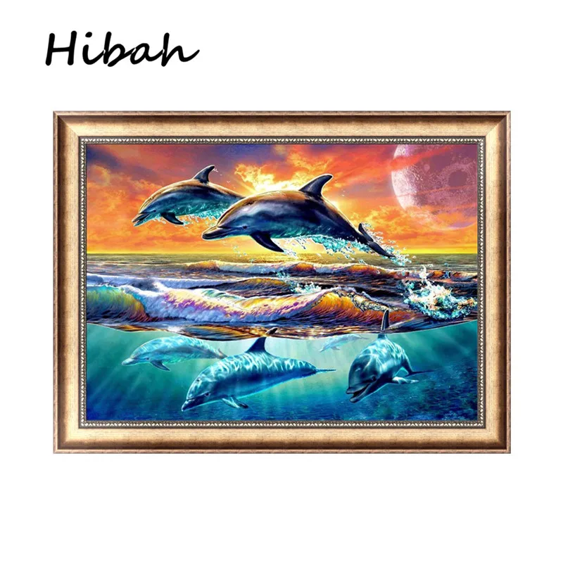 

5D DIY Diamond Painting Dolphin Round Solid Color Diamond Cross Sea World Inlay Home Decor