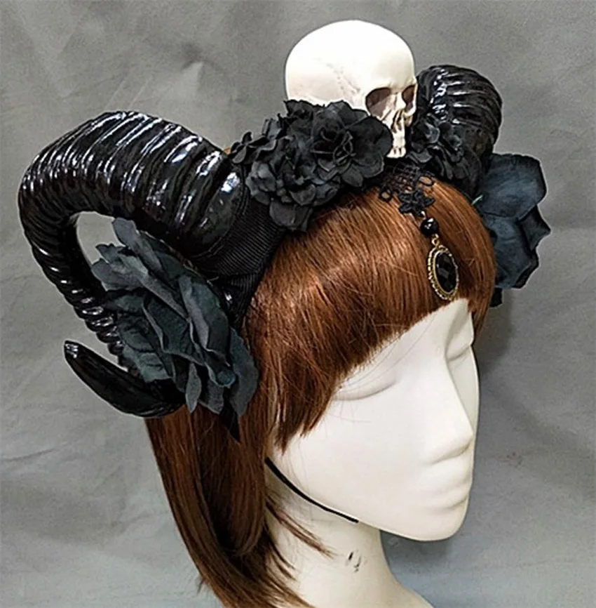 Демон злой Готический Лолита вуаль череп овца Рог повязка на голову аксессуары косплей костюмы Хэллоуин головные уборы реквизит