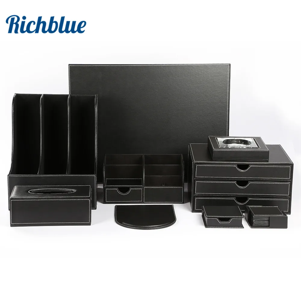 

Deluxe Office Desktop 9-piece Set Pen Pencil Holder Mousepad Stationery Organizer Box Tissue dispenser Ashtray T04 Black/Brown