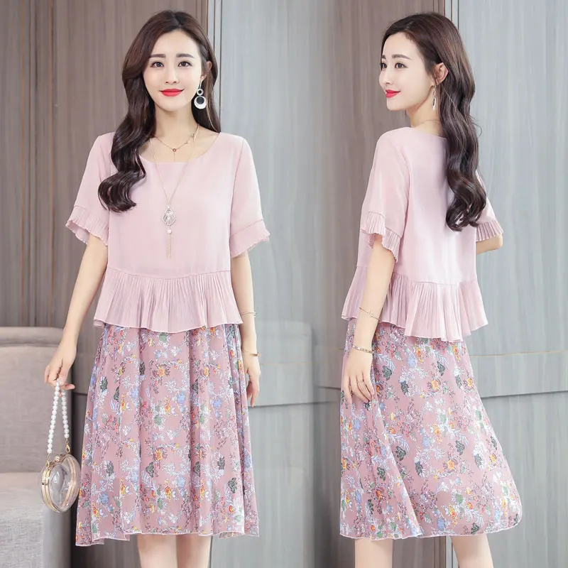 

Chiffon Floral Print Plus Size 5xl Summer Dress Slim Pleated Fake Two Pieces Dress Women Elegant Temperament Vestido De Festa