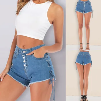 

Summer Lacing Women Denim Shorts New Button Short Feminino Slim Sexy Bandage Jeans Shorts Female Ripped Shorts 7.16
