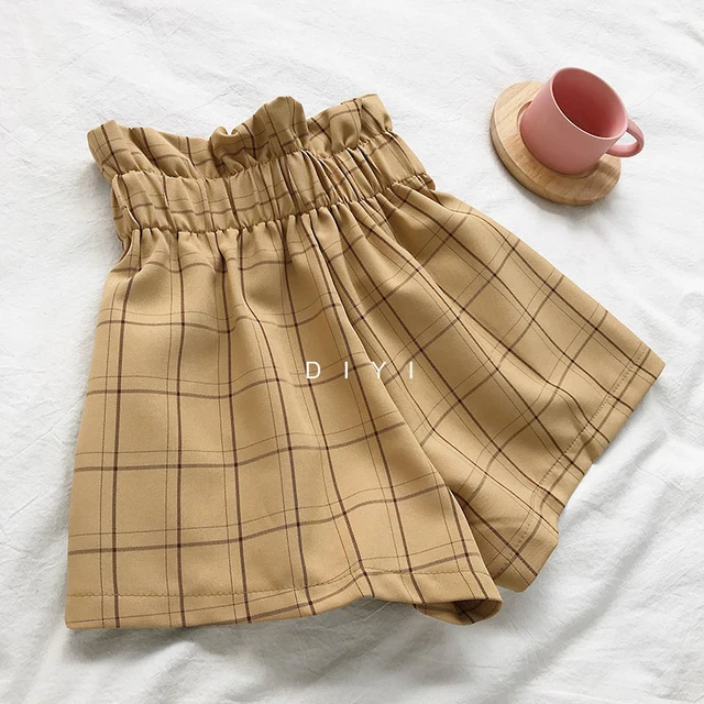 CamKemsey Japanese Harajuku Retro Plaid Summer Shorts Women 2019 Fashion Lace Up High Waist Wide Leg Shorts Girls Hot Shorts 6