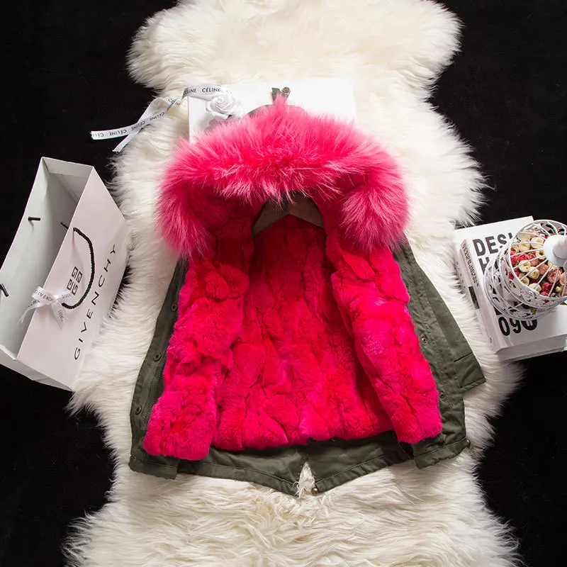 

JKP Natural Rex Rabbit fur Jacket Large fur collar girls and boy Jacket Children Fashion long Coat solid children coats SW-16