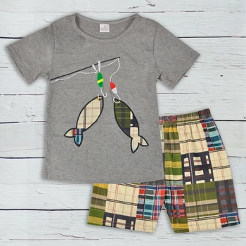 

Factory Wholesale Price New Design Toddler Boy Clothing Set Summer Fish Embroidery Boutique Shorts Baby Remake Outfits Set