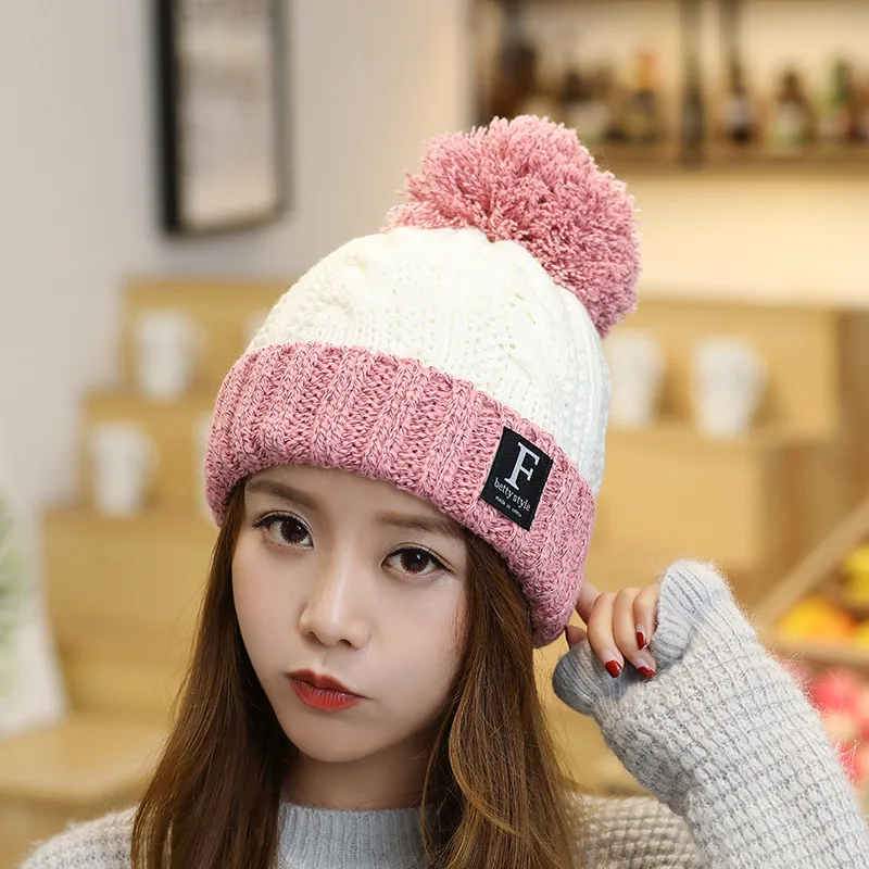 Winter Keep Warm Knitted Hat Women Outdoor Warm Double Color Cap Female Creative Pompom Decoration Cap Beanies