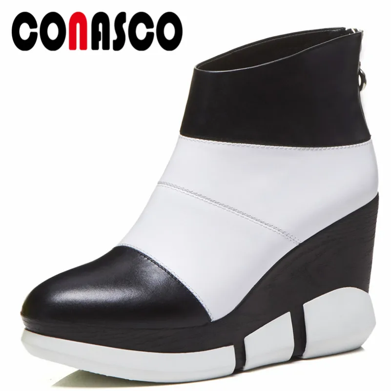 

CONASCO New Women Genuine Leather Ankle Boots Wedges High Heels Zipper Martin Shoes Woman Platforms Basic Boots Pumps