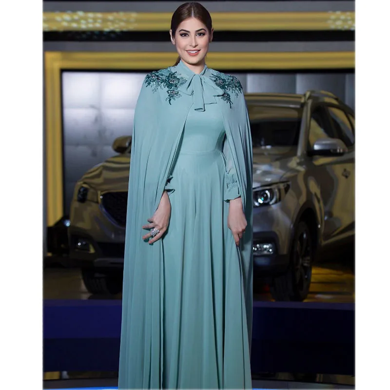 Бирюзовые мусульманские Вечерние платья шифоновые аппликации исламский Дубай Саудовская Арабский Длинное Элегантное Вечернее Платье