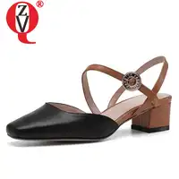 ZVQ shoes women spring new fashion handmade genuine leather women pumps square toe med square heel black white outside shoes