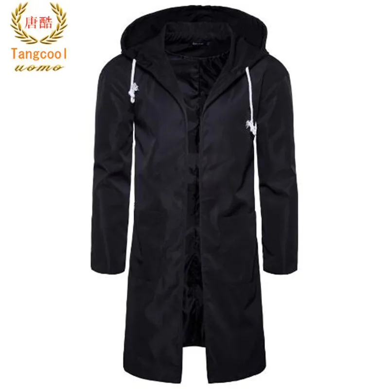 

2018 autumn men's casual hooded windbreaker long sleeved jacket black Korean casual jacket men's mid length coat