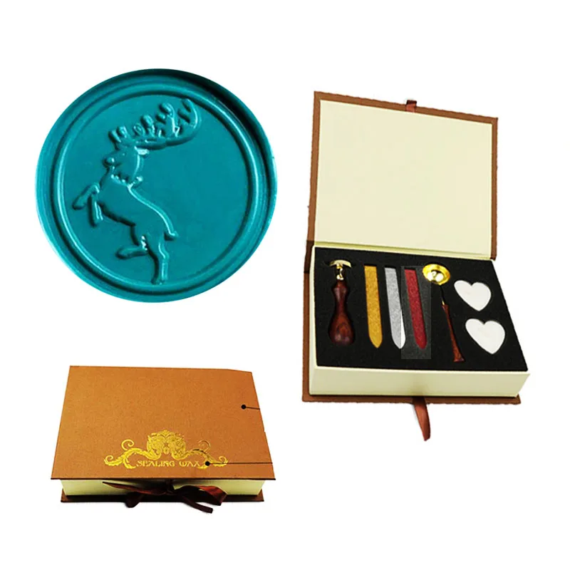 1 gift box Винтаж Рождество олень изображение на заказ логотип Свадебное приглашение воск уплотнение штамп палисандр ручка набор - Цвет: 1 gift box