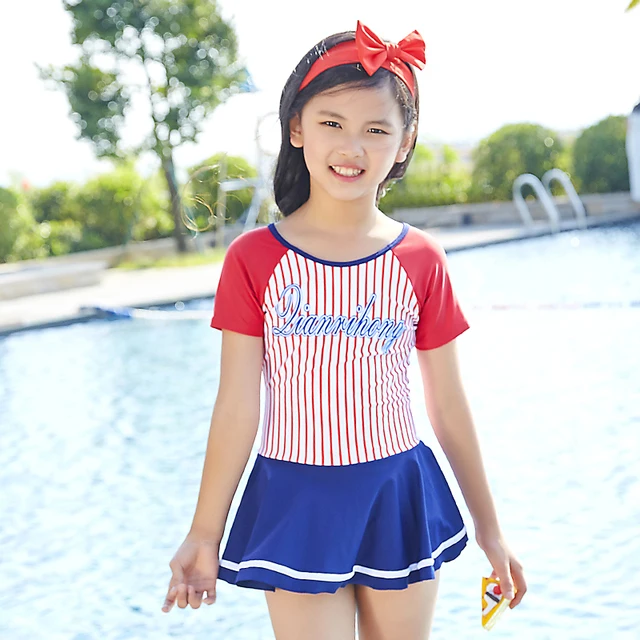 Special Price 2018 New Gril Big Children's Swimwear Short Sleeves One Piece swimsuit Sport Swimsuit Grils Sweet Skirt Print Dress Beach Suit