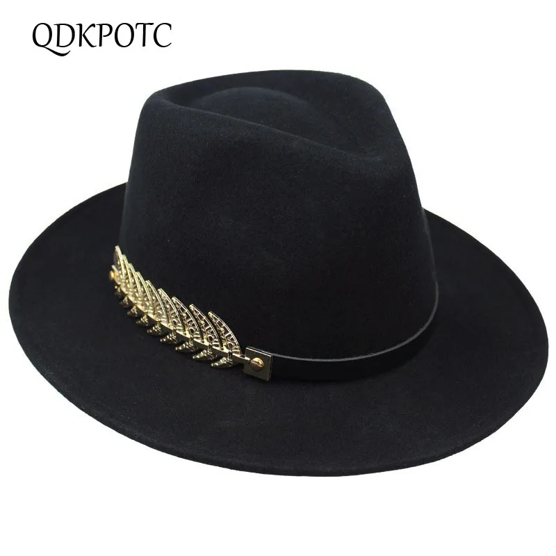 

QDKPOTC Wool Wide Brim Fedora Felt Bowler Cap Bucket Hat For Women British Style Feminino Jazz Church Vintage Men